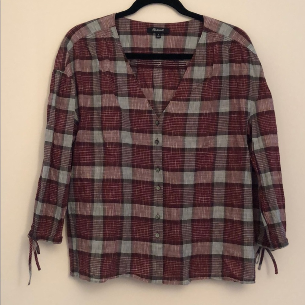 Madewell plaid button up v-neck blouse